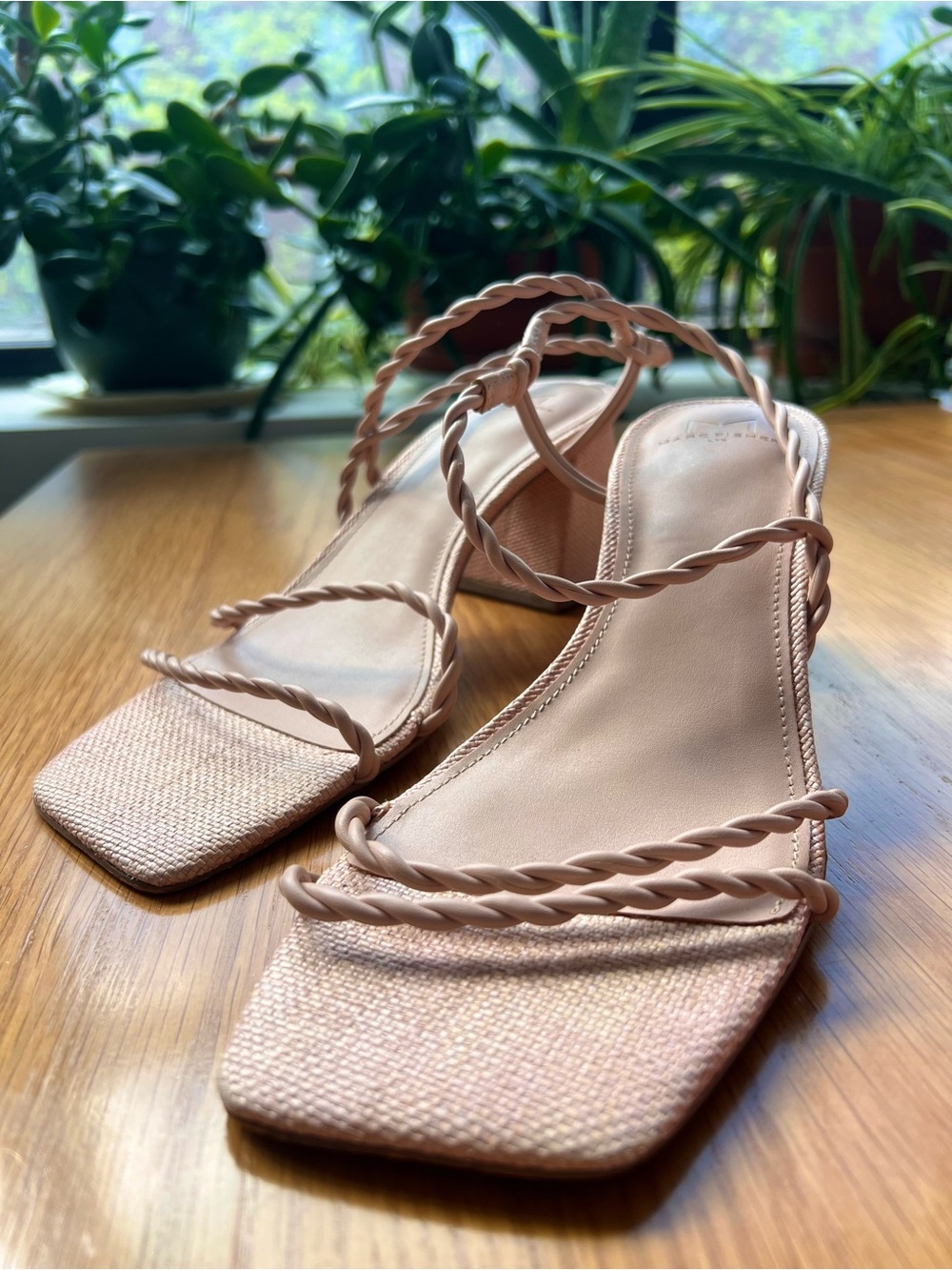 Marc Fisher Braided-Strap Square Toe Sandals in Blush Pink, Neutral Block Heels